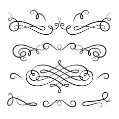 Vintage calligraphic vignettes and flourishes, decorative design elements in retro style, elegant scroll embellishment on white