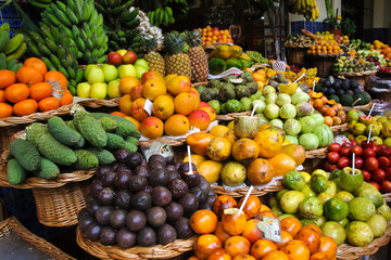Various tropical fruits in Madeira marketplace