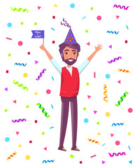 Bearded man in cartoon cone shape hat with raised up hands greeting everyone isolated on backdrop with confetti stripes and circles. Male with flag on party