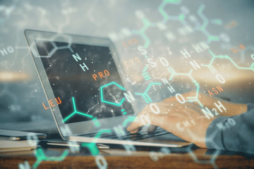 Science formula hologram with man working on computer on background. Education concept. Double...