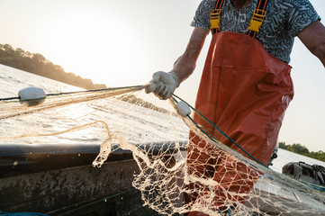 Dynamic composition with a fisherman dressed in an orange rompers gathering his trammel net during a fishing trip on the Danube river. - obrazy, fototapety, plakaty