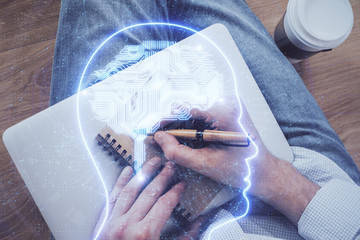Haman brain multi exposure icon with man hands background.