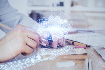 Writing human hands with data theme multi exposure icons.