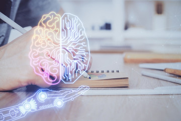 Brain multi exposure icon with man hands background.