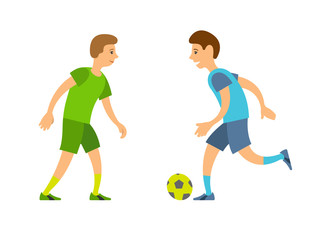 Football players vector, playing people running and chasing ball isolated competitors. Team with inflatable object, characters wearing colored uniforms