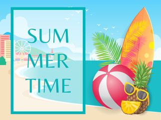 Naklejka premium Summertime beach party banner vector placard. Inflatable ball and surfboard with whole pineapple in sun glasses, on seashore coast with buildings