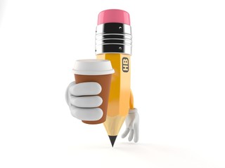 Pencil character holding coffee cup