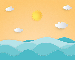 Creative illustration summer background concept paper cut style with landscape of sea wave.