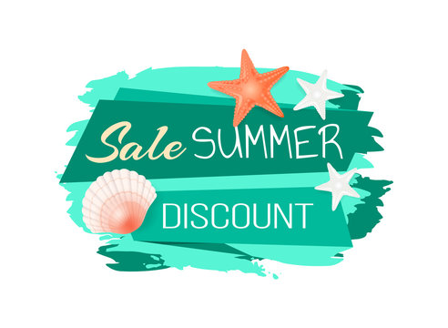 Sale summer discount summertime poster with text on stripe. Seasonal proposal from market, reduction of price. Seashell and star by stripes vector