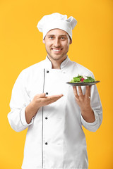 Handsome male chef with salad on color background