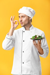 Handsome male chef with salad on color background
