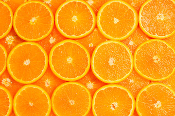 Slices of oranges as a background, top view.