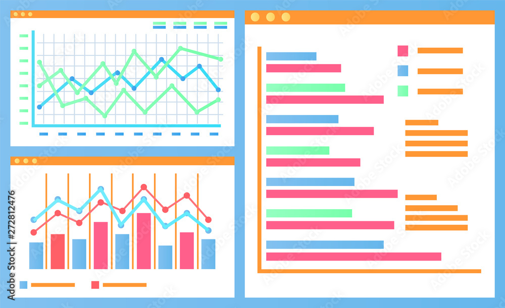 Poster flowcharts with explanations vector, statistics and infographic with lines, report on project, growi