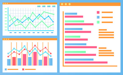 Fototapeta premium Flowcharts with explanations vector, statistics and infographic with lines, report on project, growing infographics. Editable info in visual form