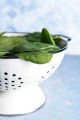 Colander with fresh spinach on color background