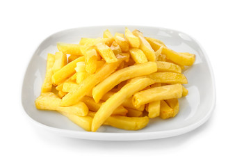 Plate with tasty french fries on white background