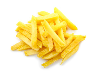 Tasty french fries on white background