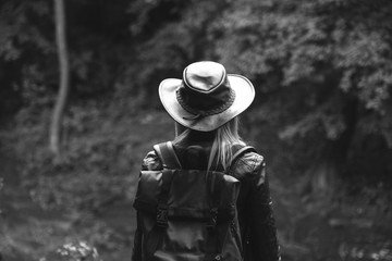 Young female tourist with a backpack and leather cowboy style hat looking at the distance. Copy space for your text. adventure concept, travel tour, vacation. active lifestyle, back and white