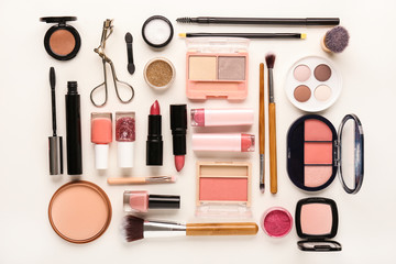 Set of decorative cosmetics on white background