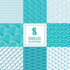 8 different seamless sea patterns (tiling). Vector illustration for abstract aquadesign. Endless texture can be used for file, web page. The waves of the sea.