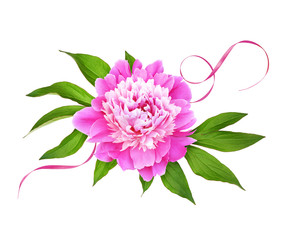 Pink peony flower with green leaves and silk ribbon in a floral arrangement