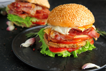 Tasty burger with bacon on plate
