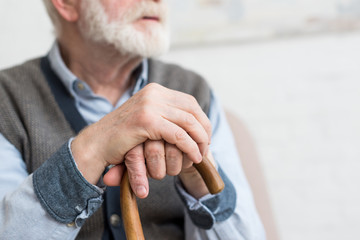 Cropped view of elderly man with walking stick in hands