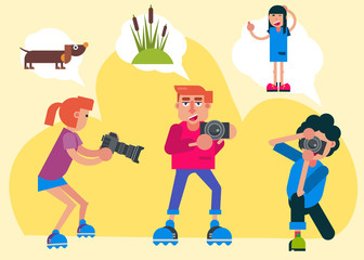 Proffecional photographer vector cartoon people holding camera to take a photography of sedge, posing girl and a dog. Photo concept for poster. Photo tools and equipment.