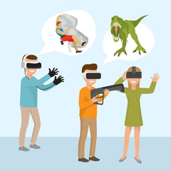 Virtual reality. Man with a gun and girl wearing virtual reality glasses in the Mesozoic jungle. Adventures among dinosaurs. Fighting tyrannosaurus. Climbing rocks in vr. Vector illustration.