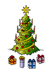 Christmas tree with decorations and Christmas gifts, boxes with ribbon, color clipart