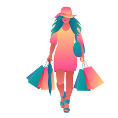 Beautiful young woman goes on sales with large shopping bags. Girl in a dress and a hat with multi-colored packages in their hands. Gradient flet, delicate bright colors, vector isolated illustration © Azalita
