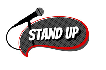 Stand up comedy night live show symbol mic. Microphone silhouette with inscription on black comic bubble. Vector illustration