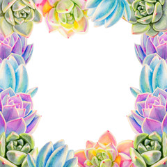 Fototapeta premium Beautiful colorful succulent frame. Decorative plants. Floral print. Marker drawing. Watercolor painting. Beautiful houseplants. Greeting card. Flower painted background. Hand drawn illustration.