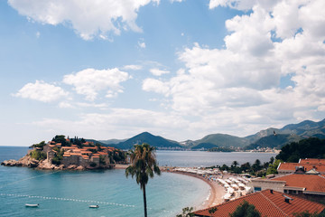 Island Sveti Stefan in Montenegro Adriatic Sea. Place for text.