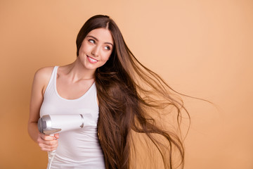 Portrait cute charming nice pretty lovely cunning youth millennial look feel content rejoice wait...