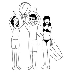 Friends with surf table summer cartoons in black and white