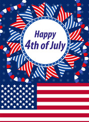 Obraz premium Happy 4th july greeting card, poster. American Independence Day template for your design. Vector illustration