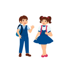 Cute boy and girl in blue school uniform. Vector illustration for banner, invitation,  decor, interior design.