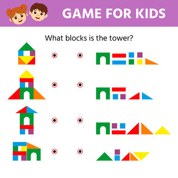 Educational game for children. Visual puzzl. Match the pictures of toy towers to their blocks. Game tasks for attention. Kids activity sheet