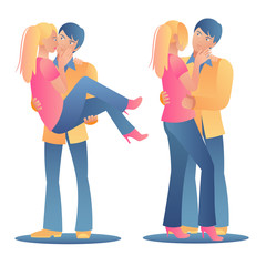 Set couple positions a man and a woman in love are worth a hug. The guy and the romantic girl on a white background. Hug, hold on hands, tenderness and youth. Gradient flat color vector illustration