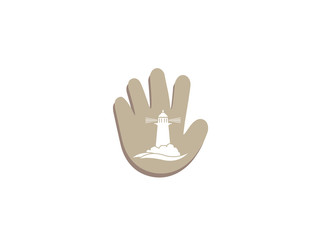 Fototapeta na wymiar Lighthouse on the island of the middle of the sea for logo design illustration, beacon in a hand shape service icon