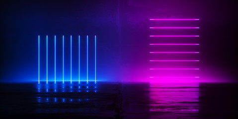 Futuristic Sci-Fi Abstract Blue And Purple Neon Light Shapes On Black Background And Reflective Concrete With Empty Space For Text 3D