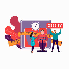 Fat obese man on scales and doctor showing obesity deseases.  Flat tiny persons concept diet chart. Obesity health problem. Overweight treatment concept.