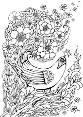 Coloring pages with bird in colors, illustrations for kids and adults coloring book or tattoos with high detail isolated on white background. Summer cute monochrome illustration. 