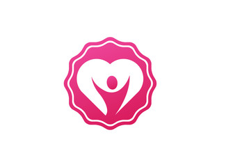 healthy person open hands inside a heart logo design illustration in a shape