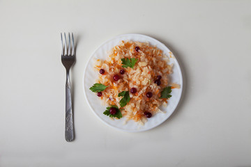 salad of fermented cabbage and cranberries on a plate and a fork stand on a white table