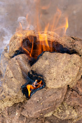 Cow dung pellets used Indian cuisine for cooking. Dry cow dung for a fire in Rajasthan, India. Close up