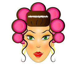 girl's face with bright make-up and curlers on her head