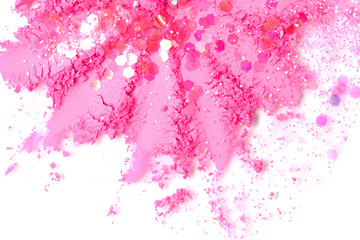 A broken pink eye shadow make up palette isolated on a white background. Top view, flat lay. Copy space for your text