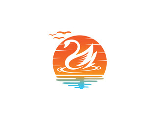 Goose or duck swimming for logo design illustration in a sun shape sunset icon